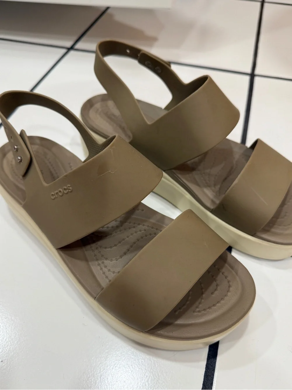 CROCS Women's Olive Taupe Double-Strap Platform Sandals